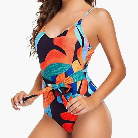 One Piece Swimsuit Tummy Control Gathers Tie Waist Petals Pattern Design, XXL - Picture 1 of 6